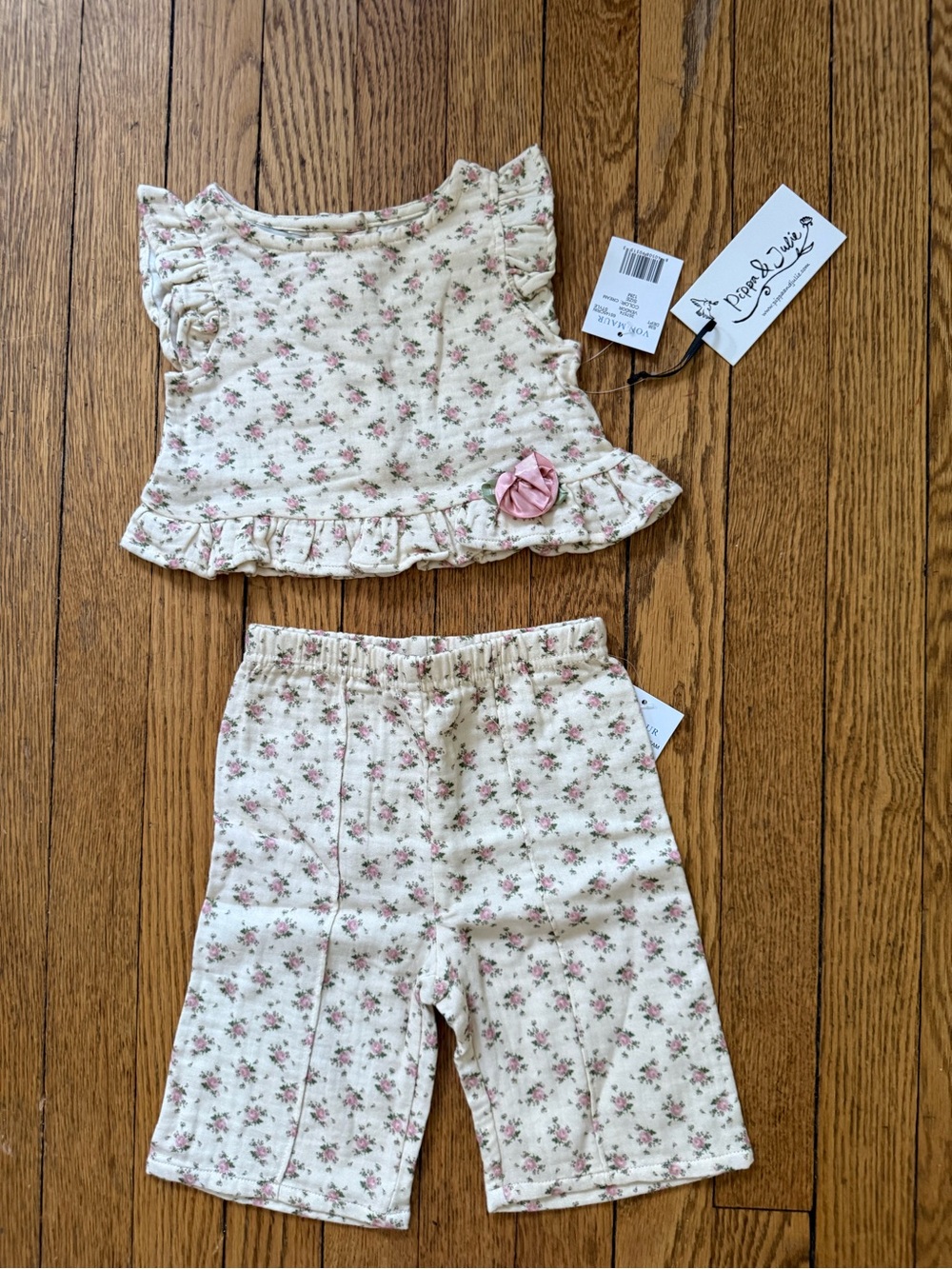 Pippa & Julie Cream Floral Ruffle Top and Pant Set - Size 12 Months - NWT